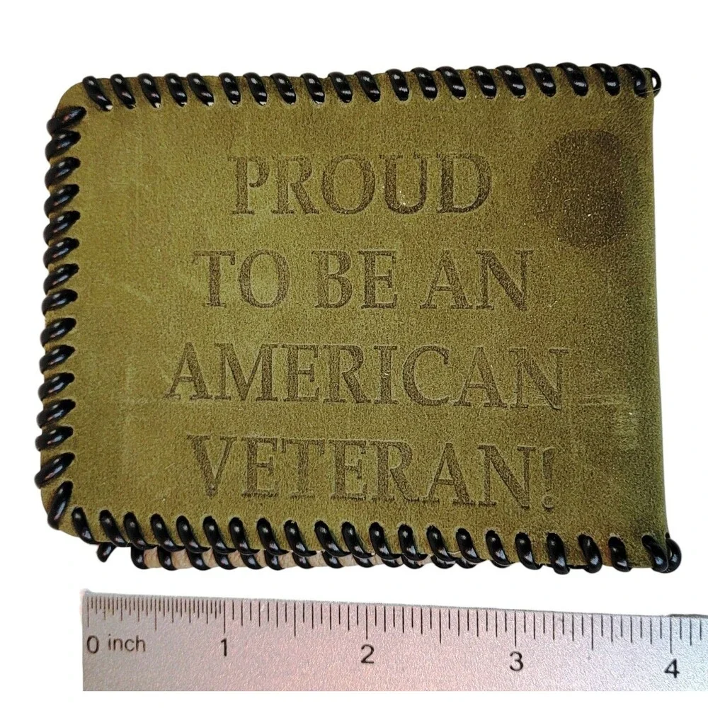 PROUD TO BE AN AMERICAN VETERAN! Handmade Gray Leather Billfold Wallet Bifold